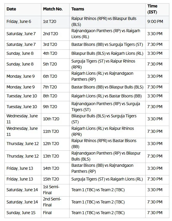 CCPL 2025 Full Schedule