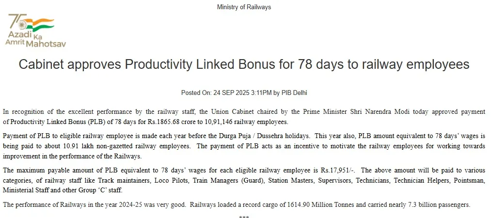 Modi Cabinet Decisions: 10 लाख 90 हजार कर्मचारियों को बड़ा तोहफा, दिवाली पर बोनस के रूप में मिलेगा 78 दिन का वेतन Modi Cabinet Decisions: 10 लाख 90 हजार कर्मचारियों को बड़ा तोहफा, दिवाली पर बोनस के रूप में मिलेगा 78 दिन का वेतन