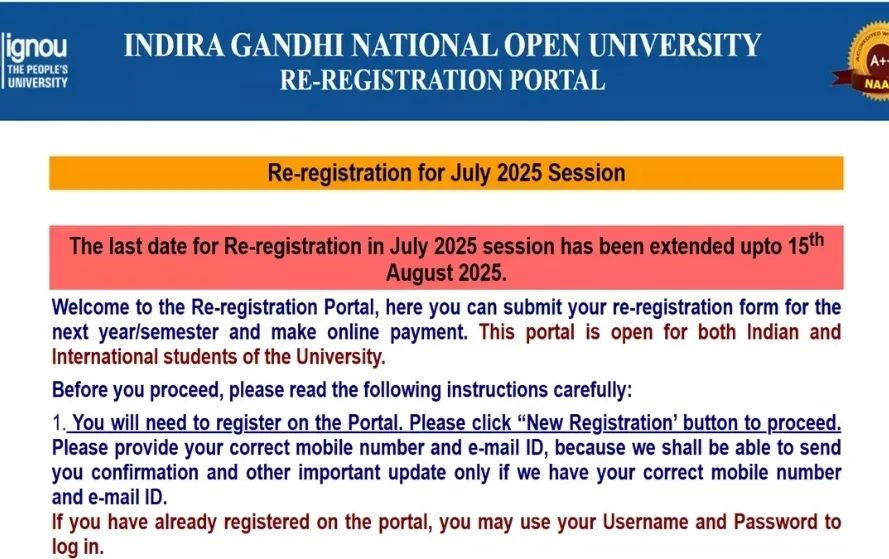 IGNOU Admission 2025 Registration Date extended till 15th August zxc