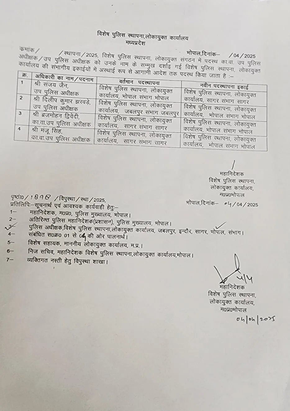MP Lokayukta Police Transfer List
