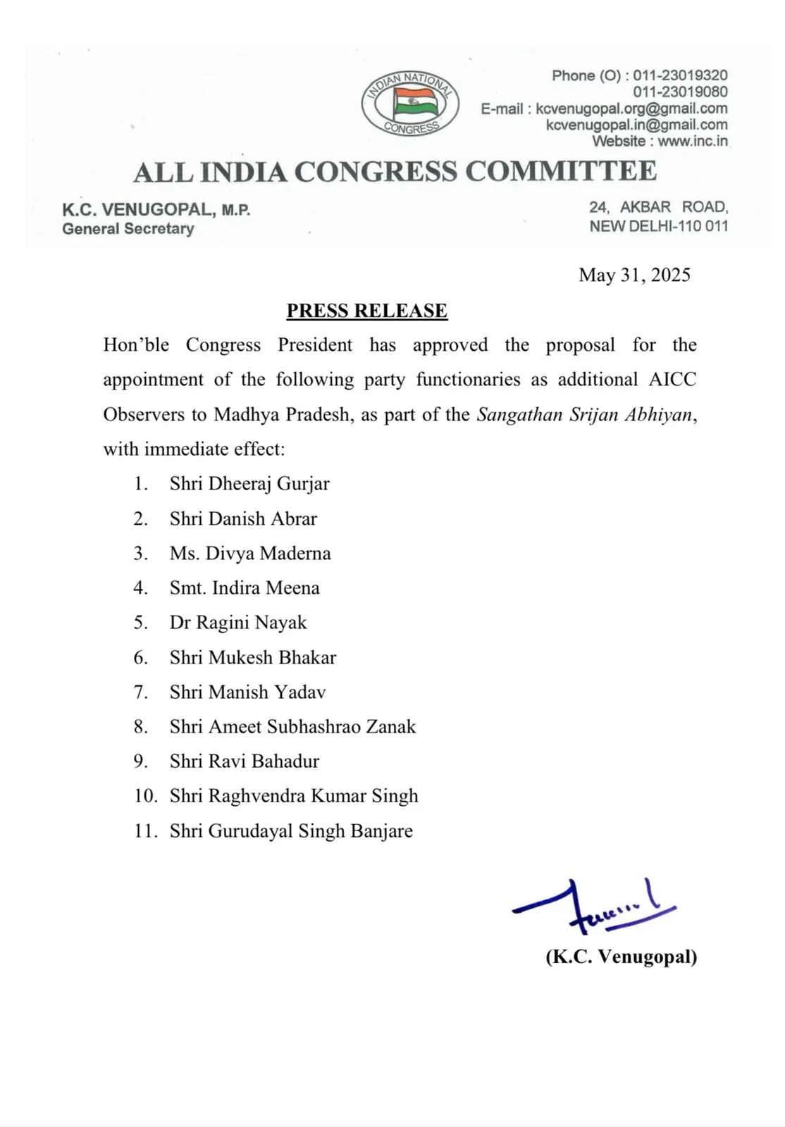 MP Congress AICC Observers