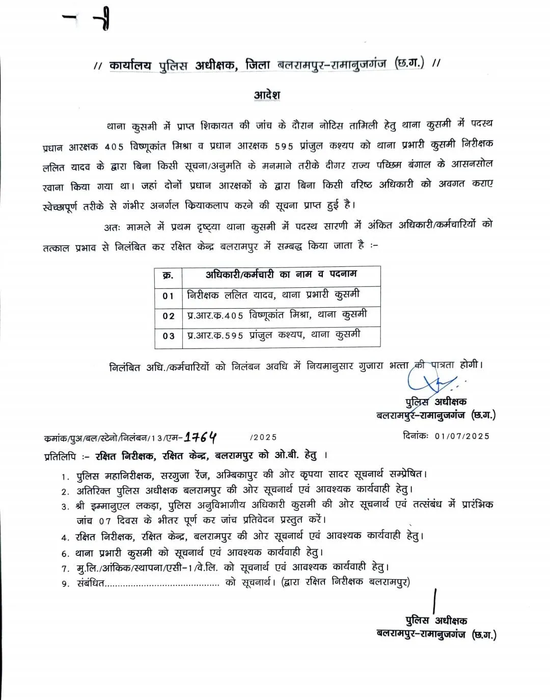 CG Police Suspend Order issued from SP office