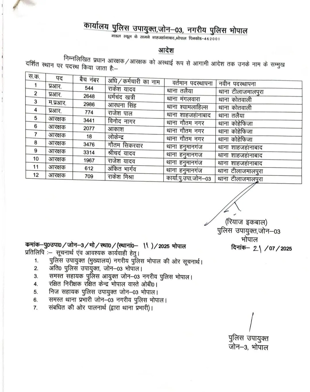 Bhopal Police Transfer List