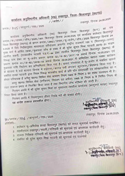 Bilaspur Patwari Suspension Order